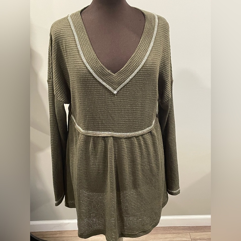 Olive Green waffle Knit Top with white/cream topstitching